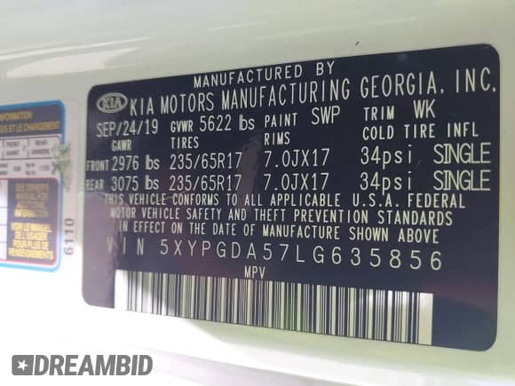 2020 Kia Sorento LX z VIN 5XYPGDA57LG635856, wystawiony jako IAAI lot #42227695 z przebiegiem 111 111 mil mil oraz . Historia ofert i sprzedaży dostępna na DreamBid. Obrazek 9.