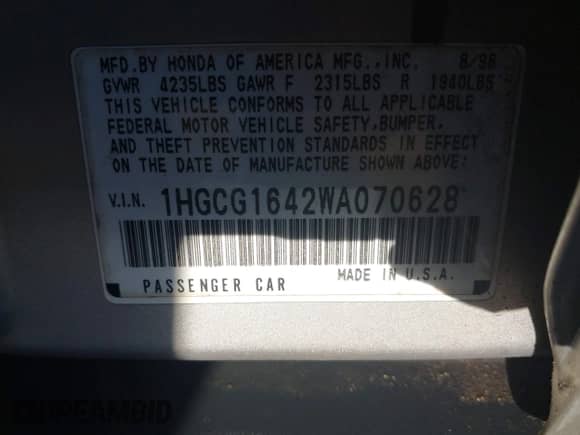 1998 Honda Accord LX z VIN 1HGCG1642WA070628, wystawiony jako IAAI lot #41457636 z przebiegiem 260 036 mil mil oraz . Historia ofert i sprzedaży dostępna na DreamBid. Obrazek 9.