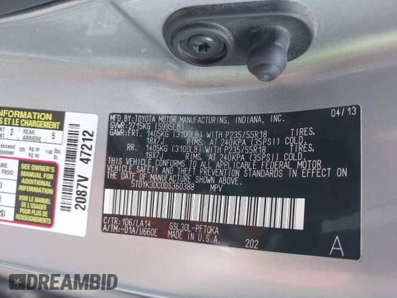 2013 Toyota Sienna XLE AAS with VIN 5TDYK3DC0DS360388, listed as a IAAI auction lot 41163681 with 146,920 mi miles and . Bid and sale history available at DreamBid. Image 9.