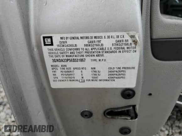 2006 Chevrolet HHR LT с VIN 3GNDA23P56S531867, выставлен на аукционе Copart как лот 73136124 с пробегом 158 385 миль миль и Списание • Salvage title. История ставок и продаж доступна на DreamBid. Изображение 15.