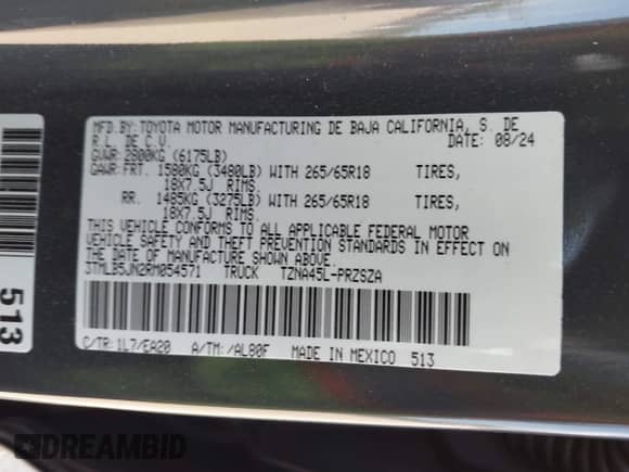 2024 Toyota Tacoma SR5 z VIN 3TMLB5JN2RM054571, wystawiony jako IAAI lot #42572496 z przebiegiem 7 157 mil mil oraz . Historia ofert i sprzedaży dostępna na DreamBid. Obrazek 9.