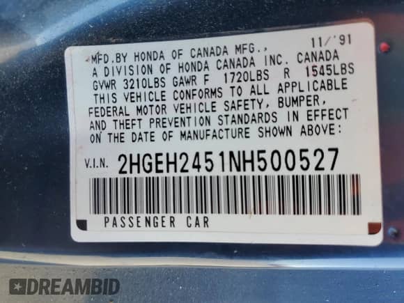 1992 Honda Civic z VIN 2HGEH2451NH500527, wystawiony jako Copart lot #42460115 z przebiegiem 92 884 mil mil oraz Czysty tytuł • Clean title. Historia ofert i sprzedaży dostępna na DreamBid. Obrazek 12.