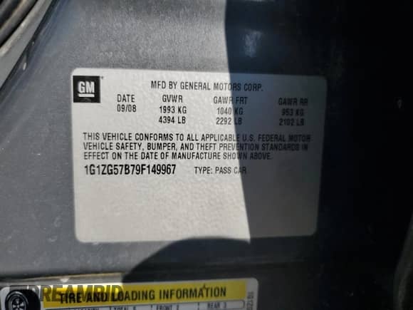 2009 Chevrolet Malibu 1LS with VIN 1G1ZG57B79F149967, listed as a Copart auction lot 82463935 with Not provided miles and Salvage title. Bid and sale history available at DreamBid. Image 12.