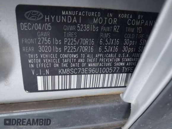 2006 Hyundai Santa Fe GLS с VIN KM8SC73E96U100577, выставлен на аукционе IAAI как лот 41406899 с пробегом 172 432 миль миль и . История ставок и продаж доступна на DreamBid. Изображение 9.