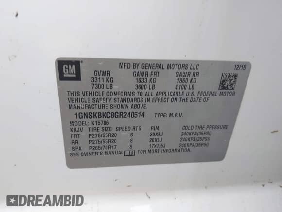 2016 Chevrolet Tahoe LT с VIN 1GNSKBKC8GR240514, выставлен на аукционе IAAI как лот 43097842 с пробегом 138 484 миль миль и . История ставок и продаж доступна на DreamBid. Изображение 9.