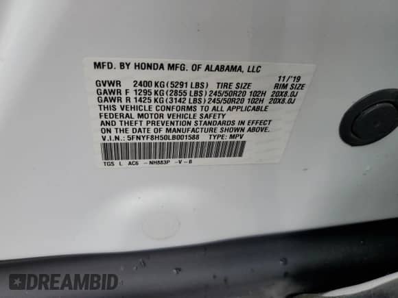 2020 Honda Passport EX-L с VIN 5FNYF8H50LB001588, выставлен на аукционе Copart как лот 65073835 с пробегом Не указан миль и Списание • Salvage title. История ставок и продаж доступна на DreamBid. Изображение 13.
