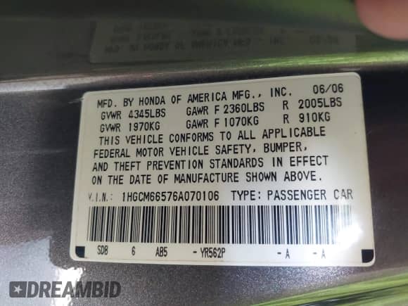 2006 Honda Accord EX-L with VIN 1HGCM66576A070106, listed as a IAAI auction lot 42629953 with 206,724 mi miles and . Bid and sale history available at DreamBid. Image 9.