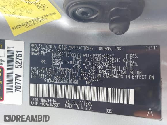 2012 Toyota Sienna с VIN 5TDKA3DC3CS010468, выставлен на аукционе IAAI как лот 41542523 с пробегом 56 055 миль миль и . История ставок и продаж доступна на DreamBid. Изображение 9.