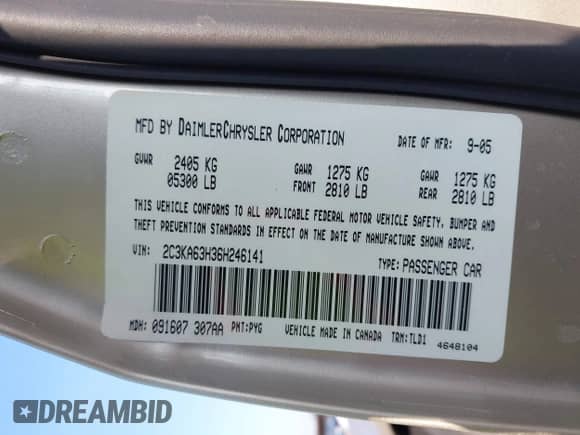 2006 Chrysler 300 C with VIN 2C3KA63H36H246141, listed as a IAAI auction lot 42797395 with 54,430 mi miles and . Bid and sale history available at DreamBid. Image 9.