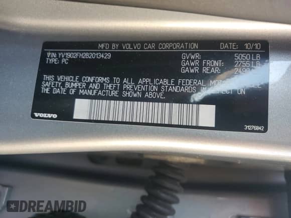2011 Volvo S60 с VIN YV1902FH2B2013429, выставлен на аукционе Copart как лот 65014925 с пробегом 85 459 миль миль и Чистый • Clean title. История ставок и продаж доступна на DreamBid. Изображение 12.