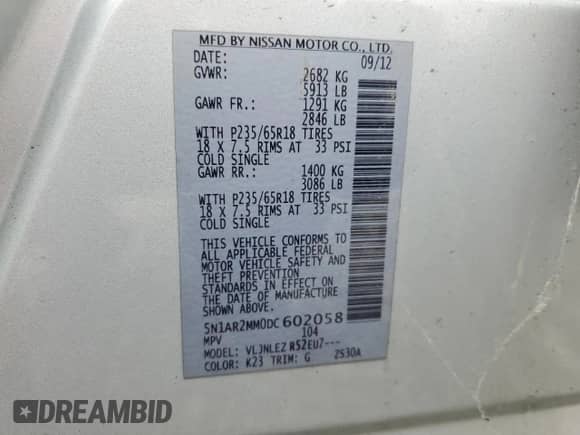 2013 Nissan Pathfinder SV with VIN 5N1AR2MM0DC602058, listed as a Copart auction lot 82445415 with 196,251 mi miles and Clean title. Bid and sale history available at DreamBid. Image 13.