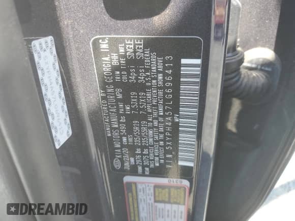 2020 Kia Sorento EX z VIN 5XYPH4A57LG696413, wystawiony jako Copart lot #83858195 z przebiegiem 54 909 mil mil oraz Szkoda całkowita • Salvage title. Historia ofert i sprzedaży dostępna na DreamBid. Obrazek 13.