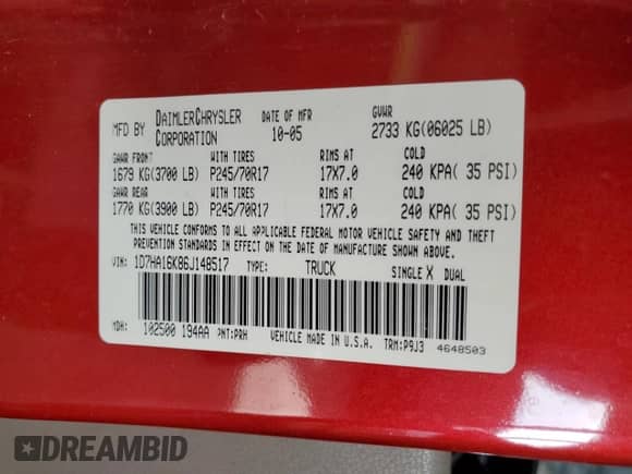 2006 Dodge 1500 ST z VIN 1D7HA16K86J148517, wystawiony jako Copart lot #80806235 z przebiegiem 262 089 mil mil oraz Szkoda całkowita • Salvage title. Historia ofert i sprzedaży dostępna na DreamBid. Obrazek 12.