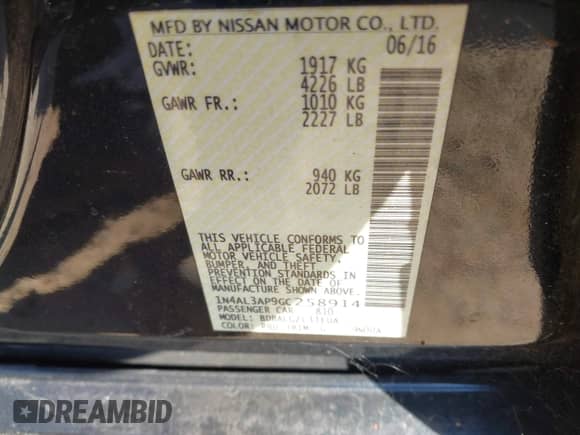 2016 Nissan Altima S z VIN 1N4AL3AP9GC258914, wystawiony jako IAAI lot #43161838 z przebiegiem 85 319 mil mil oraz . Historia ofert i sprzedaży dostępna na DreamBid. Obrazek 9.