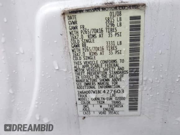 2008 Nissan Frontier SE z VIN 1N6AD07W18C427603, wystawiony jako IAAI lot #42452084 z przebiegiem 112 501 mil mil oraz . Historia ofert i sprzedaży dostępna na DreamBid. Obrazek 9.