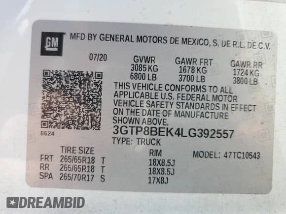 2020 GMC Sierra 1500 SLE with VIN 3GTP8BEK4LG392557, listed as a Copart auction lot 61150204 with 86,021 mi miles and Salvage title. Bid and sale history available at DreamBid. Image 15.