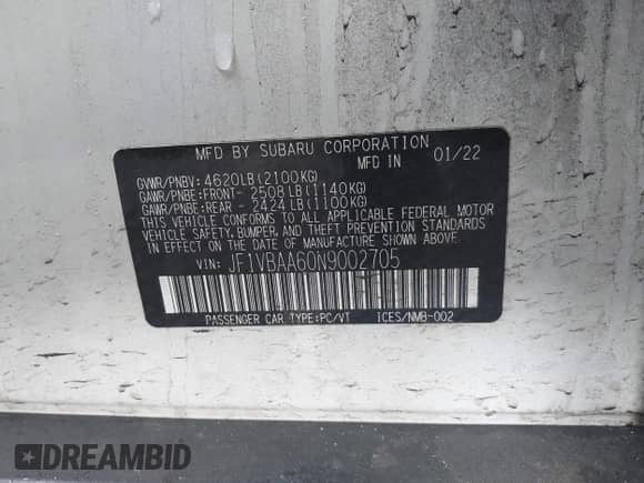 2022 Subaru WRX z VIN JF1VBAA60N9002705, wystawiony jako IAAI lot #41667953 z przebiegiem 35 574 mil mil oraz . Historia ofert i sprzedaży dostępna na DreamBid. Obrazek 9.