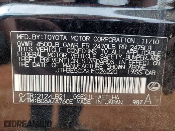 2011 Lexus IS 350 with VIN JTHBE5C29B5026220, listed as a Copart auction lot 82326425 with 117,909 mi miles and Salvage title. Bid and sale history available at DreamBid. Image 12.