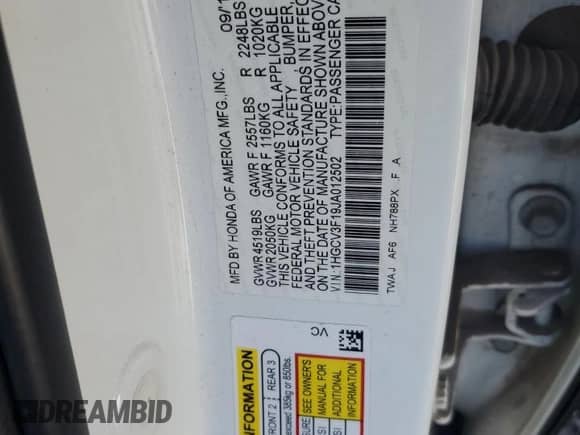 2018 Honda Accord with VIN 1HGCV3F19JA012502, listed as a Copart auction lot 80907545 with 93,461 mi miles and Salvage title. Bid and sale history available at DreamBid. Image 12.