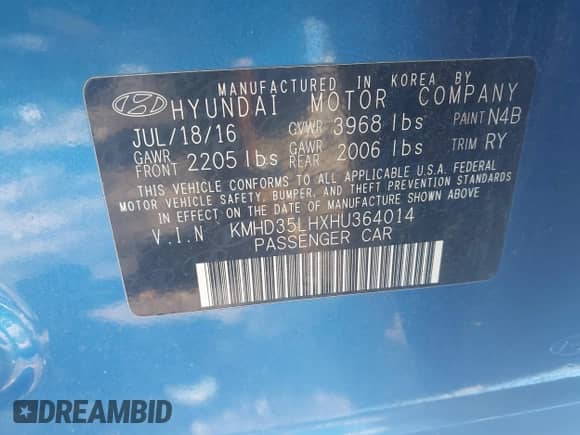 2017 Hyundai Elantra with VIN KMHD35LHXHU364014, listed as a IAAI auction lot 42937223 with 33,163 mi miles and . Bid and sale history available at DreamBid. Image 9.