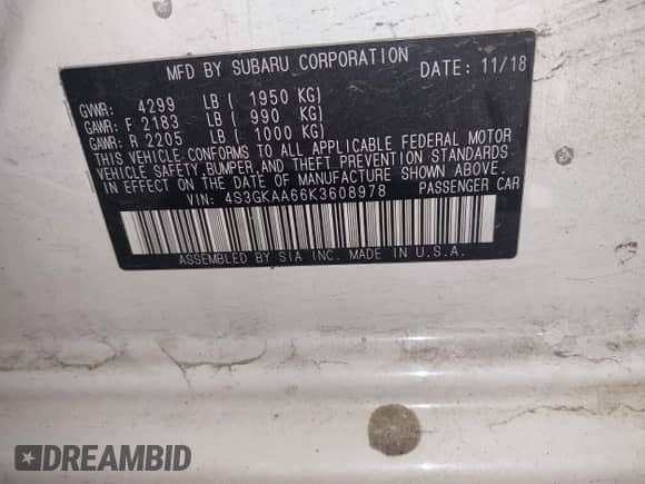 2019 Subaru Impreza with VIN 4S3GKAA66K3608978, listed as a IAAI auction lot 43156212 with 82,971 mi miles and . Bid and sale history available at DreamBid. Image 9.