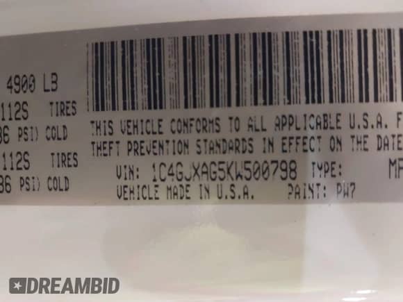 2019 Jeep Wrangler Sport S with VIN 1C4GJXAG5KW500798, listed as a IAAI auction lot 41427484 with 65,899 mi miles and . Bid and sale history available at DreamBid. Image 9.