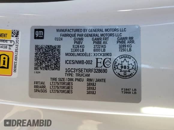 2024 Chevrolet Silverado 3500HD Work Truck с VIN 1GC3YSE7XRF328690, выставлен на аукционе Copart как лот 71628495 с пробегом 45 991 миль миль и Списание • Salvage title. История ставок и продаж доступна на DreamBid. Изображение 12.