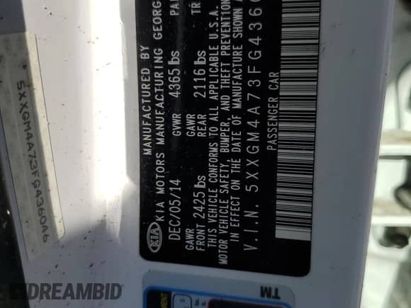 2015 Kia Optima LX z VIN 5XXGM4A73FG436046, wystawiony jako Copart lot #84183685 z przebiegiem 22 621 mil mil oraz Nie do naprawy • Non repairable. Historia ofert i sprzedaży dostępna na DreamBid. Obrazek 12.