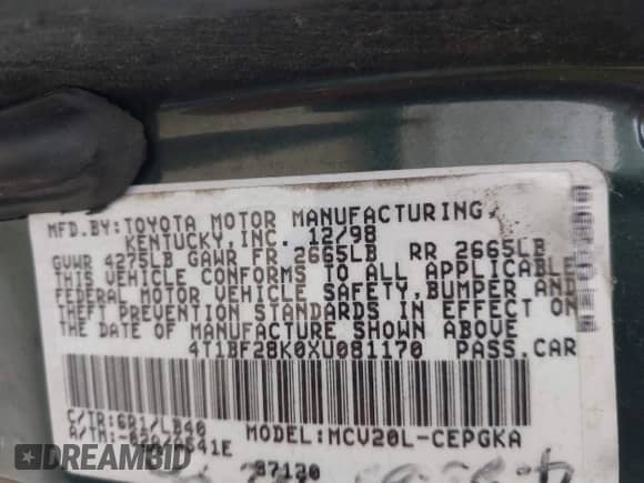 1999 Toyota Camry LE z VIN 4T1BF28K0XU081170, wystawiony jako IAAI lot #43386469 z przebiegiem 126 008 mil mil oraz . Historia ofert i sprzedaży dostępna na DreamBid. Obrazek 9.