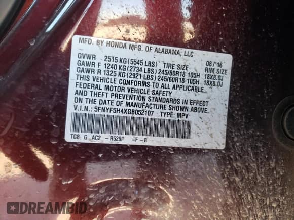 2016 Honda Pilot EX with VIN 5FNYF5H4XGB052107, listed as a Copart auction lot 88799115 with 81,031 mi miles and Salvage title. Bid and sale history available at DreamBid. Image 14.