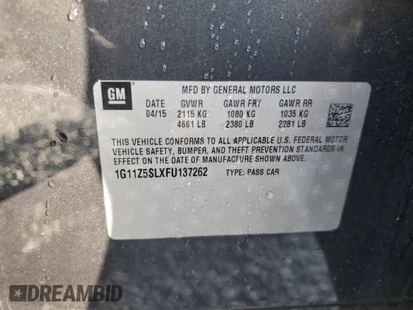 2015 Chevrolet Impala LS с VIN 1G11Z5SLXFU137262, выставлен на аукционе Copart как лот 43977835 с пробегом 105 717 миль миль и Списание • Salvage title. История ставок и продаж доступна на DreamBid. Изображение 12.