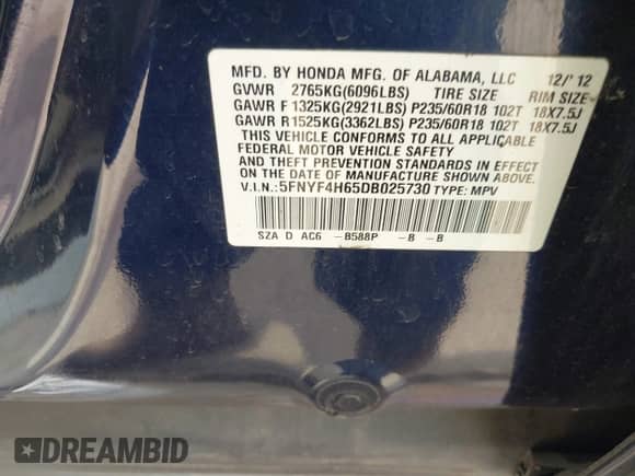 2013 Honda Pilot EX-L with VIN 5FNYF4H65DB025730, listed as a IAAI auction lot 42958483 with 223,631 mi miles and . Bid and sale history available at DreamBid. Image 9.