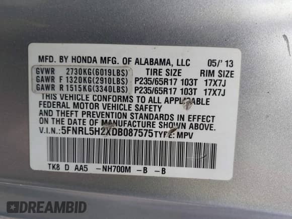 2013 Honda Odyssey LX с VIN 5FNRL5H2XDB087575, выставлен на аукционе IAAI как лот 43273898 с пробегом 251 942 миль миль и . История ставок и продаж доступна на DreamBid. Изображение 9.