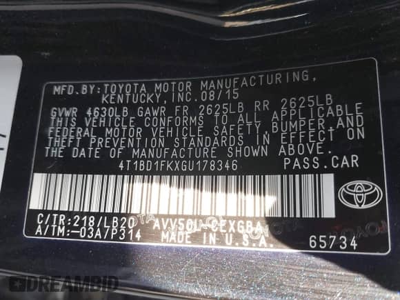 2016 Toyota Camry LE z VIN 4T1BD1FKXGU178346, wystawiony jako IAAI lot #43326000 z przebiegiem 133 869 mil mil oraz . Historia ofert i sprzedaży dostępna na DreamBid. Obrazek 9.