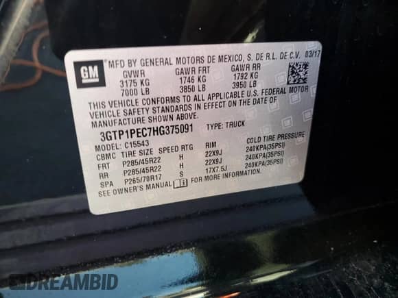 2017 GMC Sierra 1500 Denali with VIN 3GTP1PEC7HG375091, listed as a Copart auction lot 85765174 with 90,593 mi miles and Salvage title. Bid and sale history available at DreamBid. Image 14.