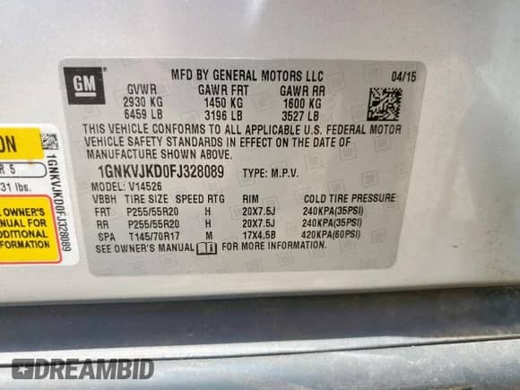 2015 Chevrolet Traverse LTZ с VIN 1GNKVJKD0FJ328089, выставлен на аукционе Copart как лот 69699025 с пробегом 165 233 миль миль и Списание • Salvage title. История ставок и продаж доступна на DreamBid. Изображение 13.