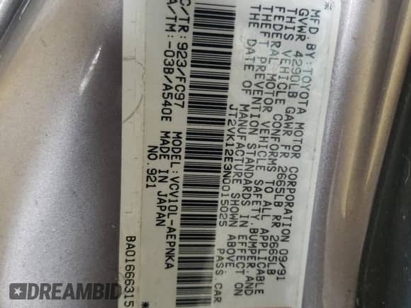 1992 Toyota Camry z VIN JT2VK12E3N0015025, wystawiony jako Copart lot #55521815 z przebiegiem 176 104 mil mil oraz Szkoda całkowita • Salvage title. Historia ofert i sprzedaży dostępna na DreamBid. Obrazek 12.