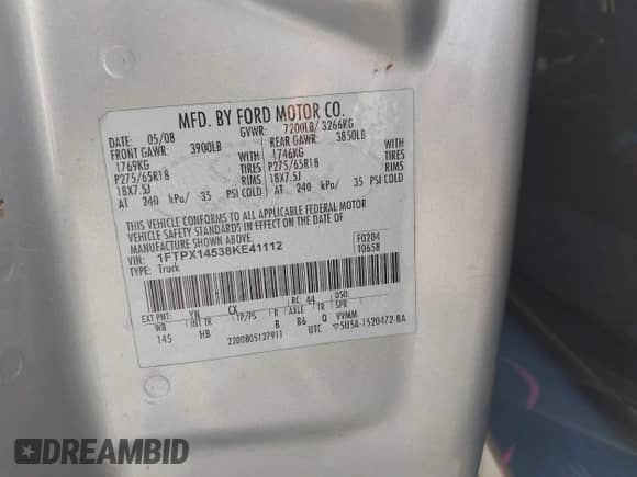 2008 Ford F-150 XLT with VIN 1FTPX14538KE41112, listed as a IAAI auction lot 43445084 with 90,901 mi miles and . Bid and sale history available at DreamBid. Image 9.