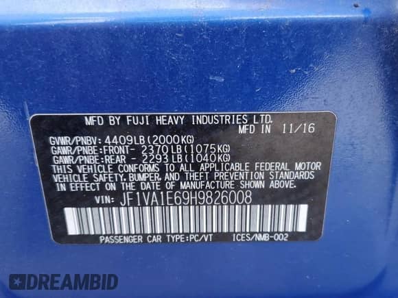 2017 Subaru WRX Premium with VIN JF1VA1E69H9826008, listed as a Copart auction lot 84898685 with 121,742 mi miles and Salvage title. Bid and sale history available at DreamBid. Image 12.