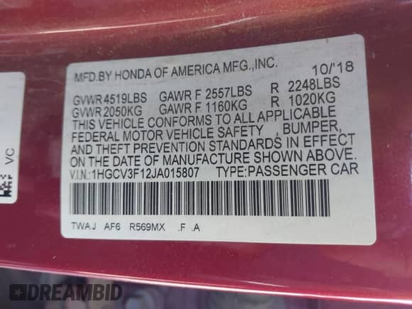 2018 Honda Accord with VIN 1HGCV3F12JA015807, listed as a IAAI auction lot 42490015 with 151,058 mi miles and . Bid and sale history available at DreamBid. Image 9.