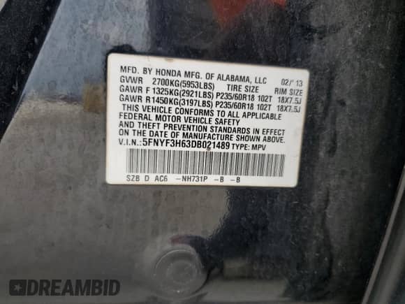 2013 Honda Pilot EX-L with VIN 5FNYF3H63DB021489, listed as a Copart auction lot 70463765 with 164,997 mi miles and Salvage title. Bid and sale history available at DreamBid. Image 13.