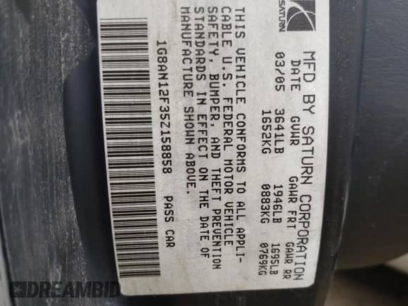 2005 Saturn ION ION 2 with VIN 1G8AN12F35Z158858, listed as a Copart auction lot 56804165 with 93,546 mi miles and Clean title. Bid and sale history available at DreamBid. Image 12.