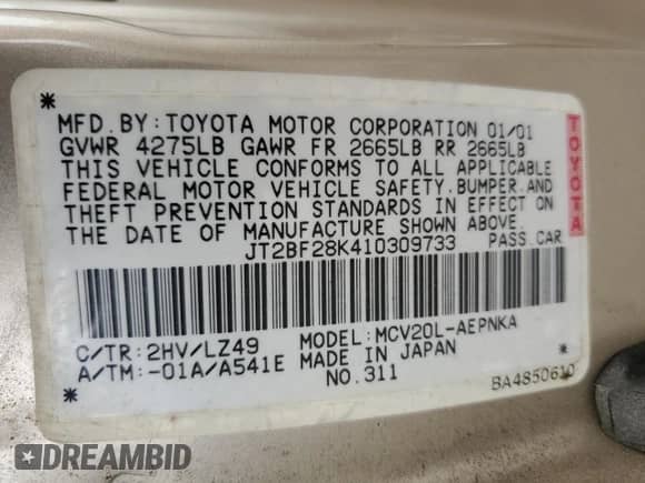 2001 Toyota Camry LE z VIN JT2BF28K410309733, wystawiony jako Copart lot #80418625 z przebiegiem 67 221 mil mil oraz Czysty tytuł • Clean title. Historia ofert i sprzedaży dostępna na DreamBid. Obrazek 12.