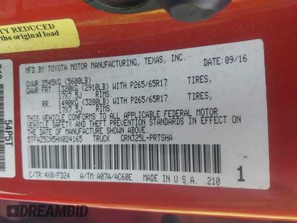 2017 Toyota Tacoma SR5 with VIN 5TFAZ5CN5HX024165, listed as a IAAI auction lot 43492786 with 195,719 mi miles and . Bid and sale history available at DreamBid. Image 9.