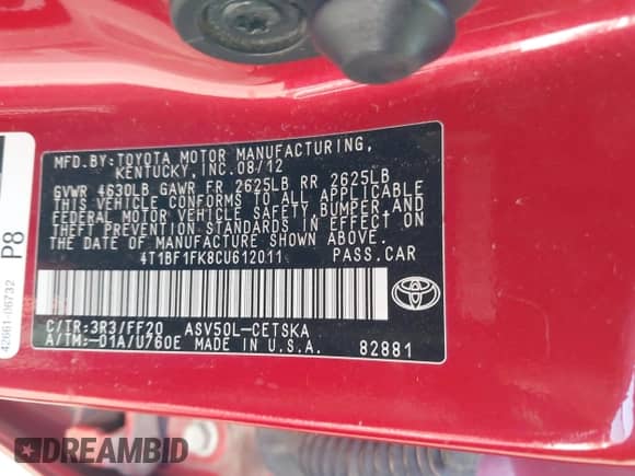 2012 Toyota Camry XLE с VIN 4T1BF1FK8CU612011, выставлен на аукционе IAAI как лот 43194621 с пробегом 173 143 миль миль и . История ставок и продаж доступна на DreamBid. Изображение 9.