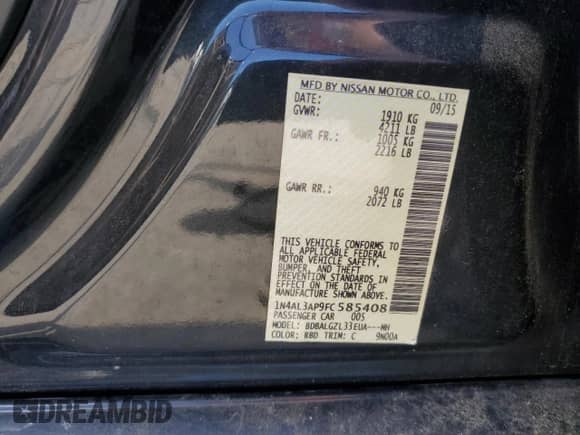 2015 Nissan Altima S с VIN 1N4AL3AP9FC585408, выставлен на аукционе Copart как лот 64785535 с пробегом 83 823 миль миль и Списание • Salvage title. История ставок и продаж доступна на DreamBid. Изображение 12.