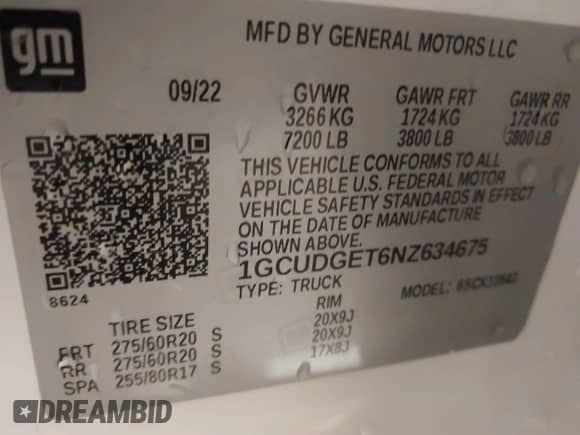2022 Chevrolet Silverado 1500 LTZ with VIN 1GCUDGET6NZ634675, listed as a IAAI auction lot 40545013 with 44,674 mi miles and . Bid and sale history available at DreamBid. Image 9.
