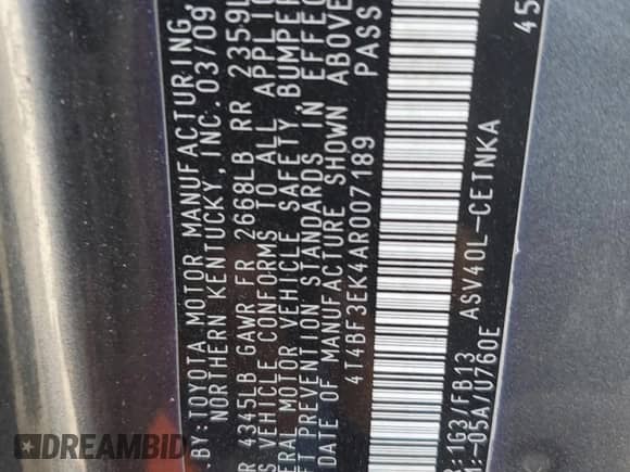 2010 Toyota Camry LE with VIN 4T4BF3EK4AR007189, listed as a Copart auction lot 82540395 with 153,675 mi miles and Salvage title. Bid and sale history available at DreamBid. Image 12.