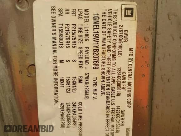 2000 Chevrolet Astro z VIN 1GNEL19W1YB207689, wystawiony jako Copart lot #54711595 z przebiegiem 253 766 mil mil oraz Nie do naprawy • Non repairable. Historia ofert i sprzedaży dostępna na DreamBid. Obrazek 12.