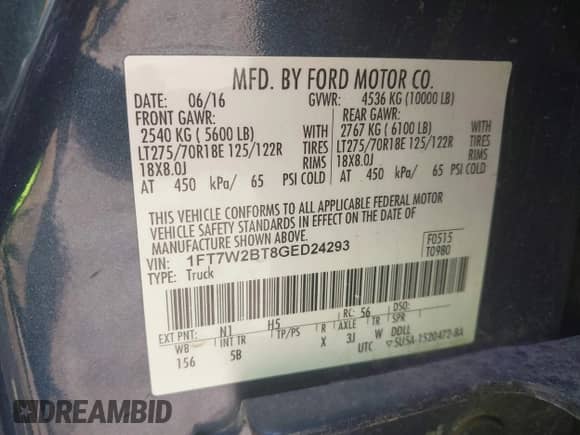 2016 Ford F-250 Lariat with VIN 1FT7W2BT8GED24293, listed as a IAAI auction lot 42694647 with 225,784 mi miles and . Bid and sale history available at DreamBid. Image 9.